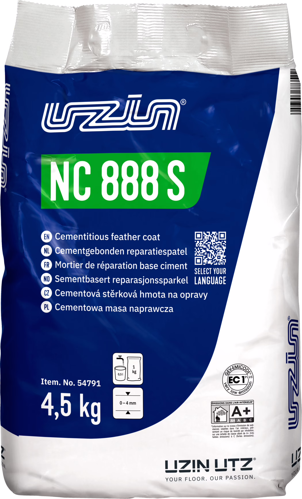 Fotografija vreće UZIN NC 888 S od 4,5 kg, cementne reparacijske i izravnavajuće mase (cementitious feather coat). Ambalaža je plavo-bijela s zelenom oznakom NC 888 S i UZIN logotipom na vrhu. Na vreći su natpisi 'Cementitious feather coat' i višejezični opisi, QR kod 'Select your language', broj artikla 54791, ikona miješanja (oko 0,5 l vode na 1 kg), debljina nanošenja 0–4 mm, certifikat niske emisije EC1 Plus i oznaka A+. Namjena: cementna masa za popravak i niveliranje podova. Težina '4,5 kg' jasno istaknuta. Ambalaža ima nabore i barkod na desnom rubu.
